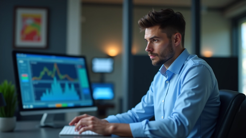 Professionista che studia grafici finanziari su uno schermo luminoso in ufficio moderno