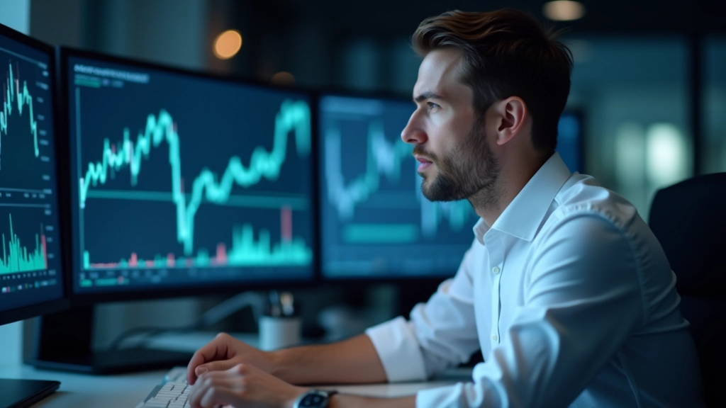 Schermo che mostra grafici a candela con prezzi in movimento e indicatori di acquisto/vendita