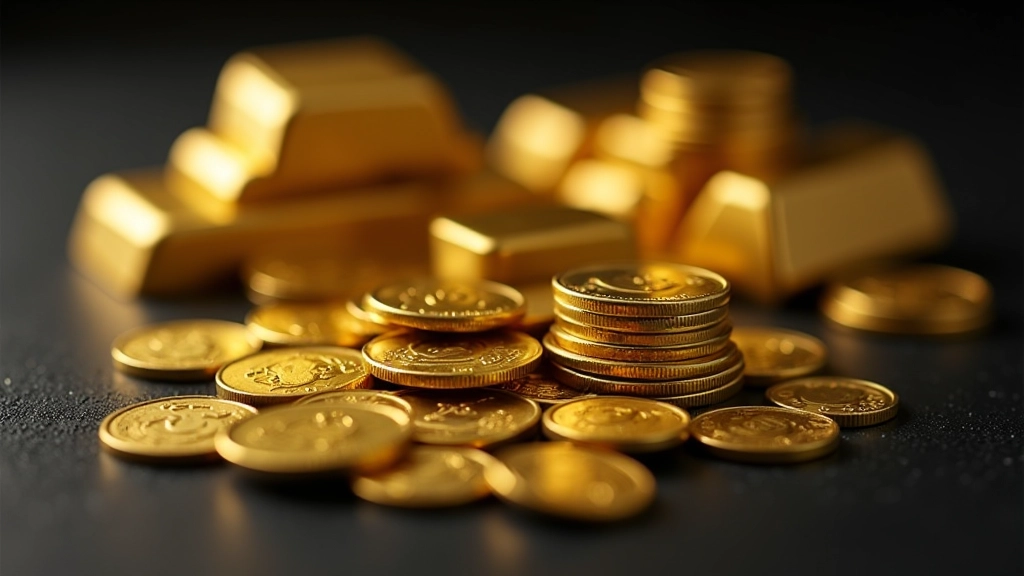 Monete d'oro, lingotti e metalli preziosi disposti su una superficie scura, rappresentando investimenti in materie prime