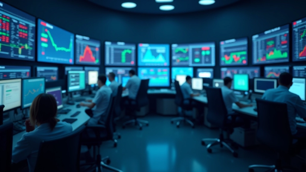 Sala di trading moderna con monitor e dati di mercato