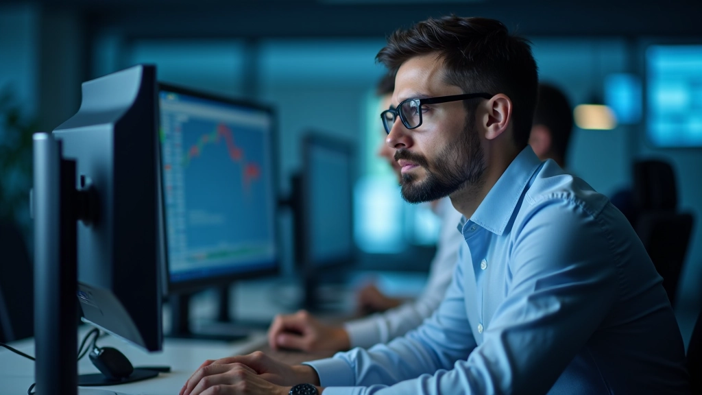 Persone che lavorano su computer in una sala di trading moderna con schermi che mostrano grafici