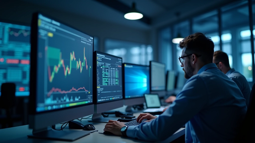 Persone che lavorano in una sala di trading con monitor multipli e dati finanziari