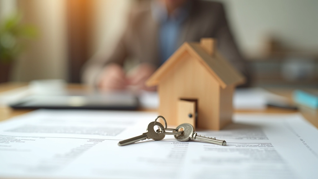 Modello di casa in legno e chiavi su documenti di proprietà, simbolo di investimenti immobiliari